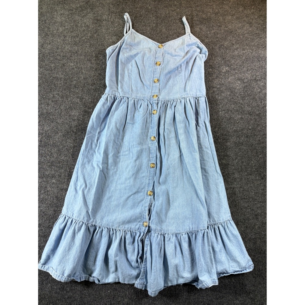 Gap Womens Blue Denim Button Front Smocked Back Ruffle Midi Dress Medium